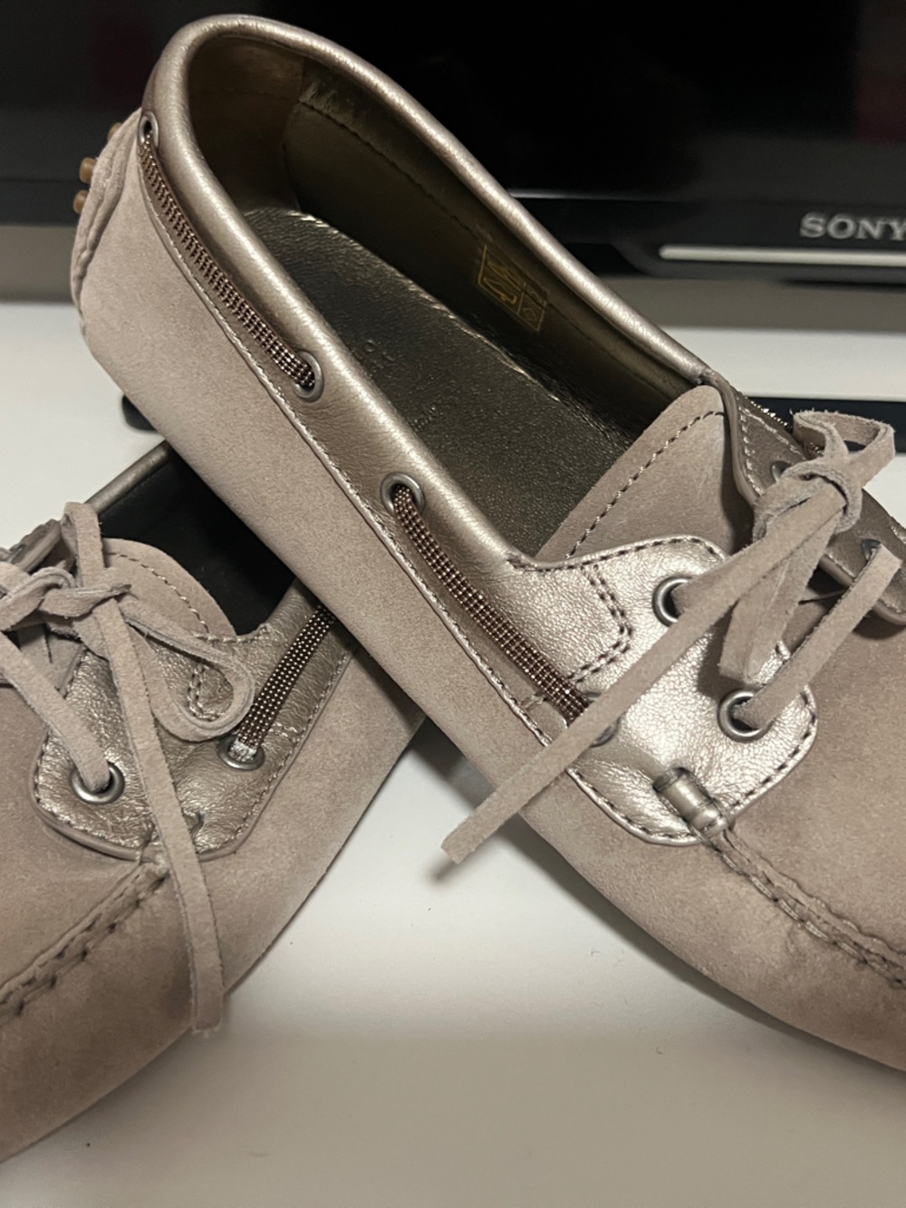 Brunello Cucinelli Taupe Suede and Metallic Trim Boat Shoes
